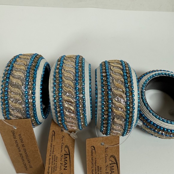 Aman Beaded Napkin Rings Set of 4 Blue Gold Decorative Dining Table - Picture 1 of 6